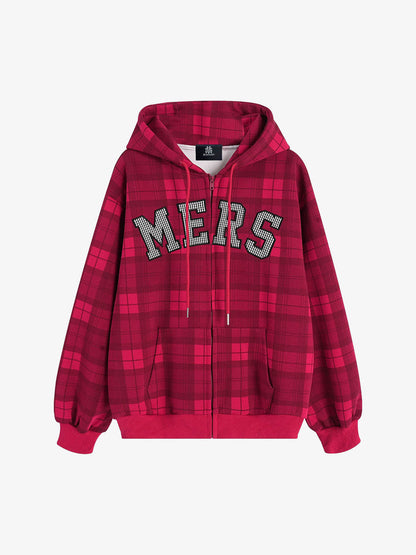 Retro Plaid Patch Embroidered Cardigan Hooded Sweatshirt 