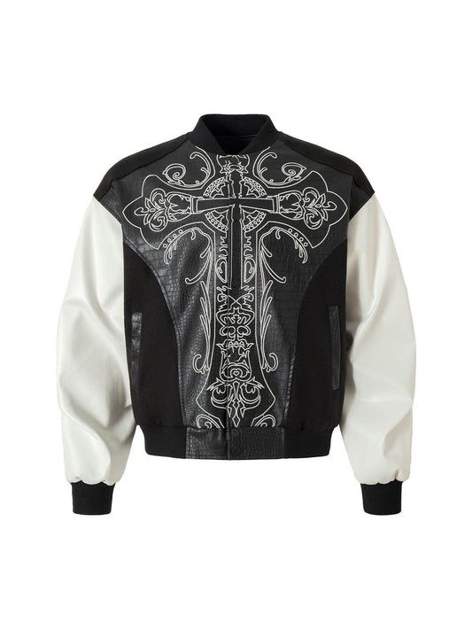 Gothic Cross Embroidery Crocodile Leather Bomber Jacket 