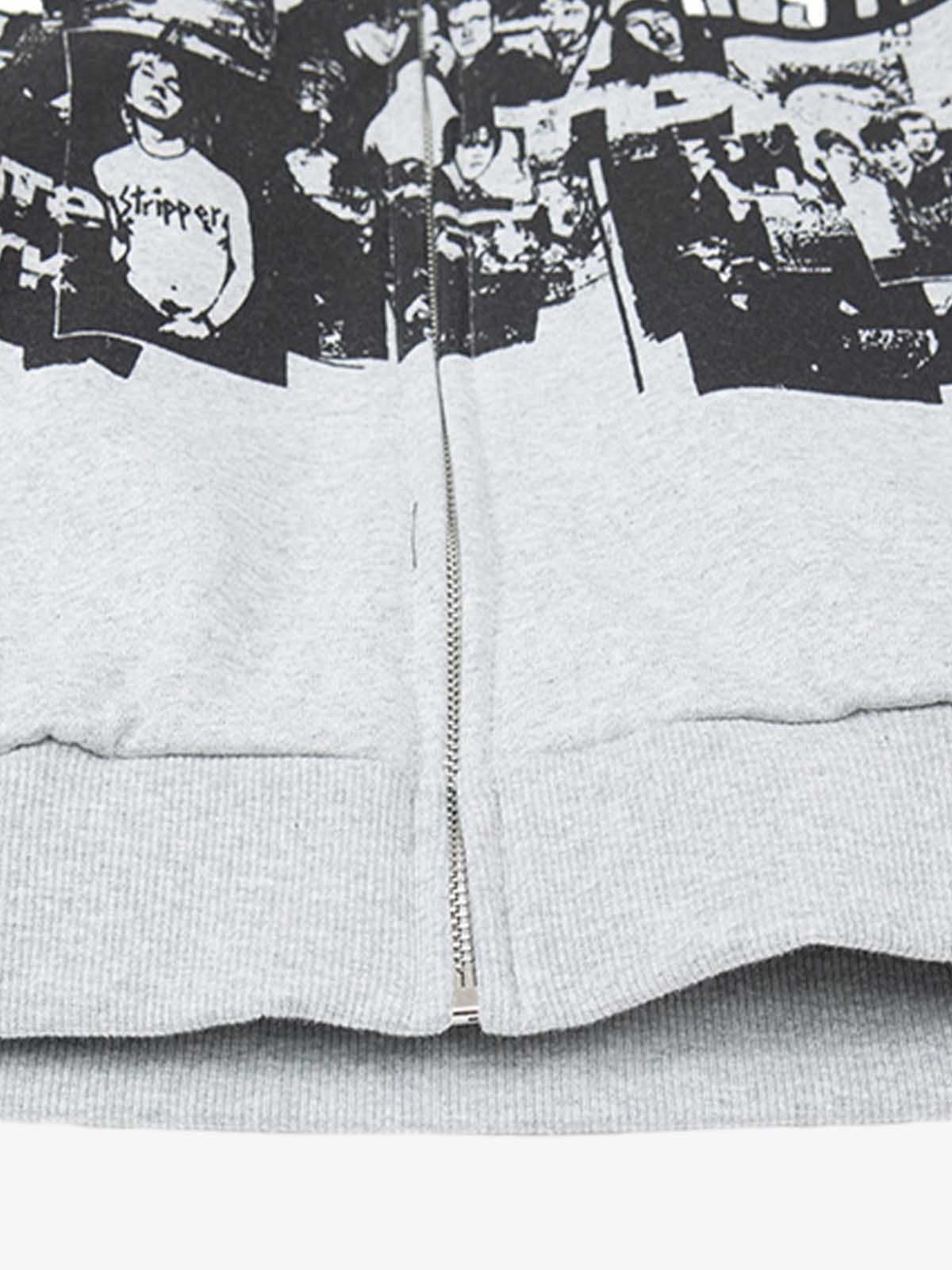 Retro Rock Print Character Zipper Hooded Sweatshirt 