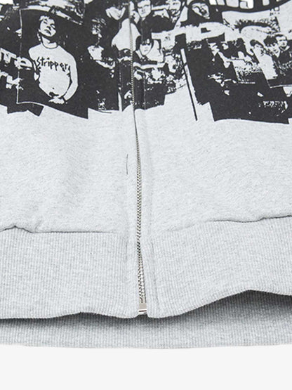 Retro Rock Print Character Zipper Hooded Sweatshirt 