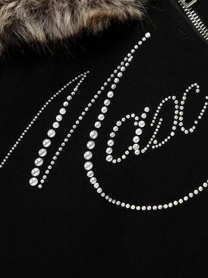 Diamend Letter Fur Collar High Waist Hooded Jacket 