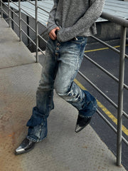 Vintage Distressed Button Fly Ruched Panel Flared Jeans 