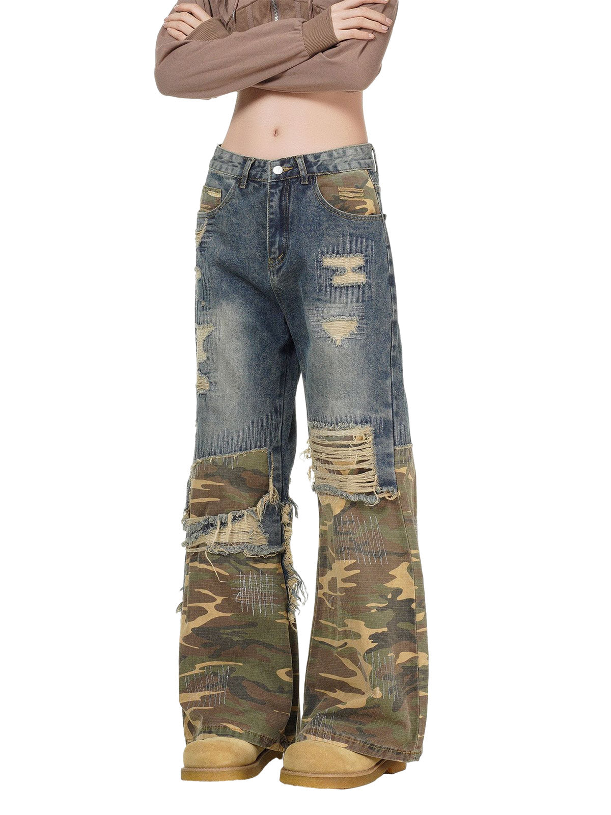 Distressed Camouflage Patchwork Jeans 