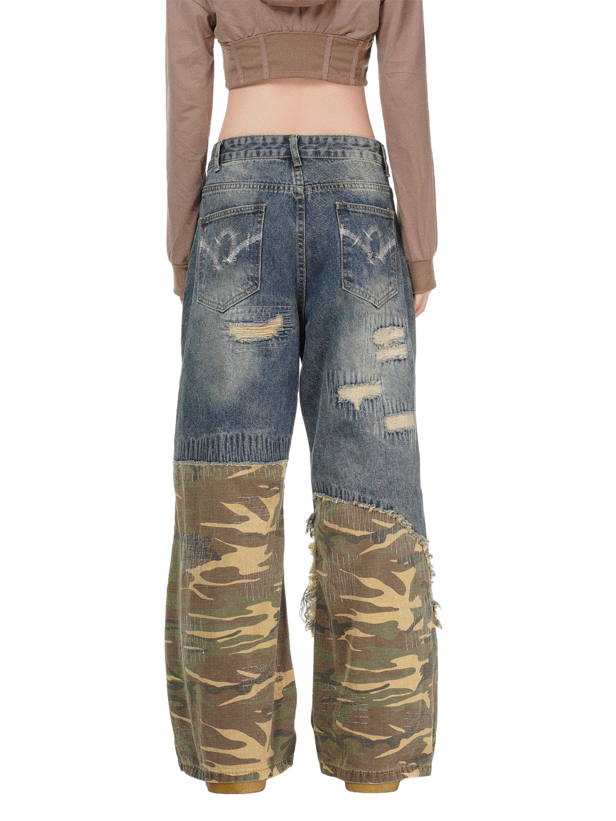 Distressed Camouflage Patchwork Jeans 