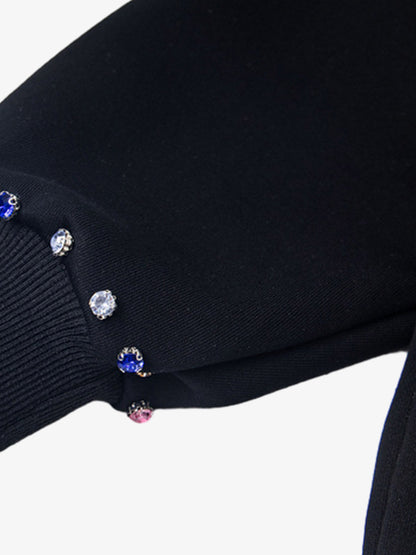 Retro Diamond Beaded Letter Zip Hooded Sweatshirt 