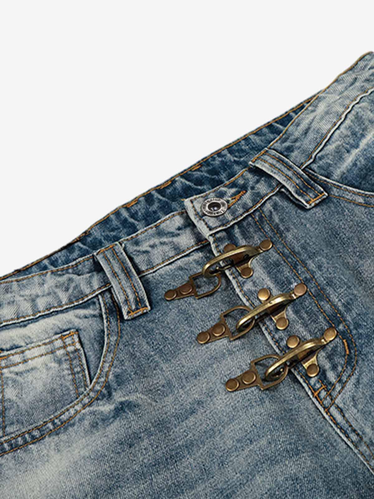 Washed Metal Hook Front Design Barrel Jeans