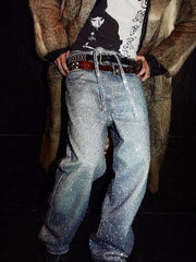 Denim Distressed Belt Diamond Decorated Jeans 