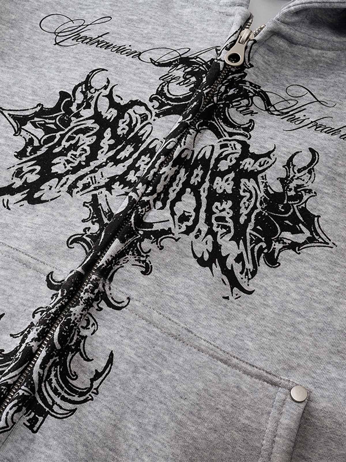 Street Wasteland Washed Cross Print Hooded Sweatshirt 