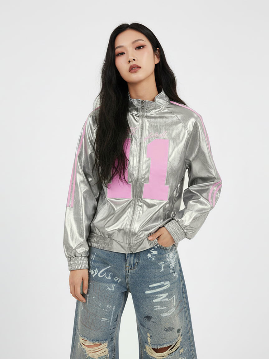 Number 11 Reflective Metallic Leather Track Jacket 