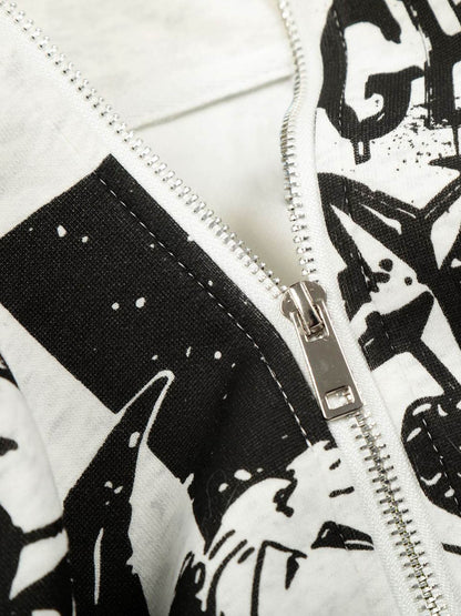 Retro Fur Collar Cartoon Pattern Zipper Hooded Sweatshirt 