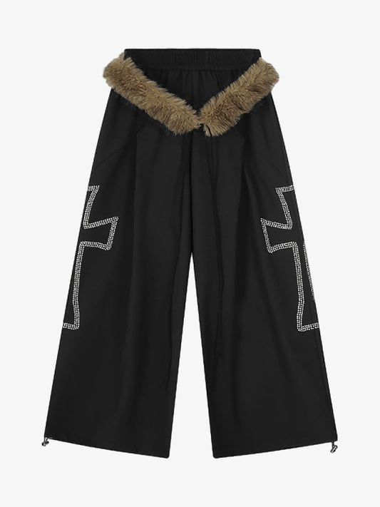 Detachable Fur Collar Drawstring Wide-Leg Pants 