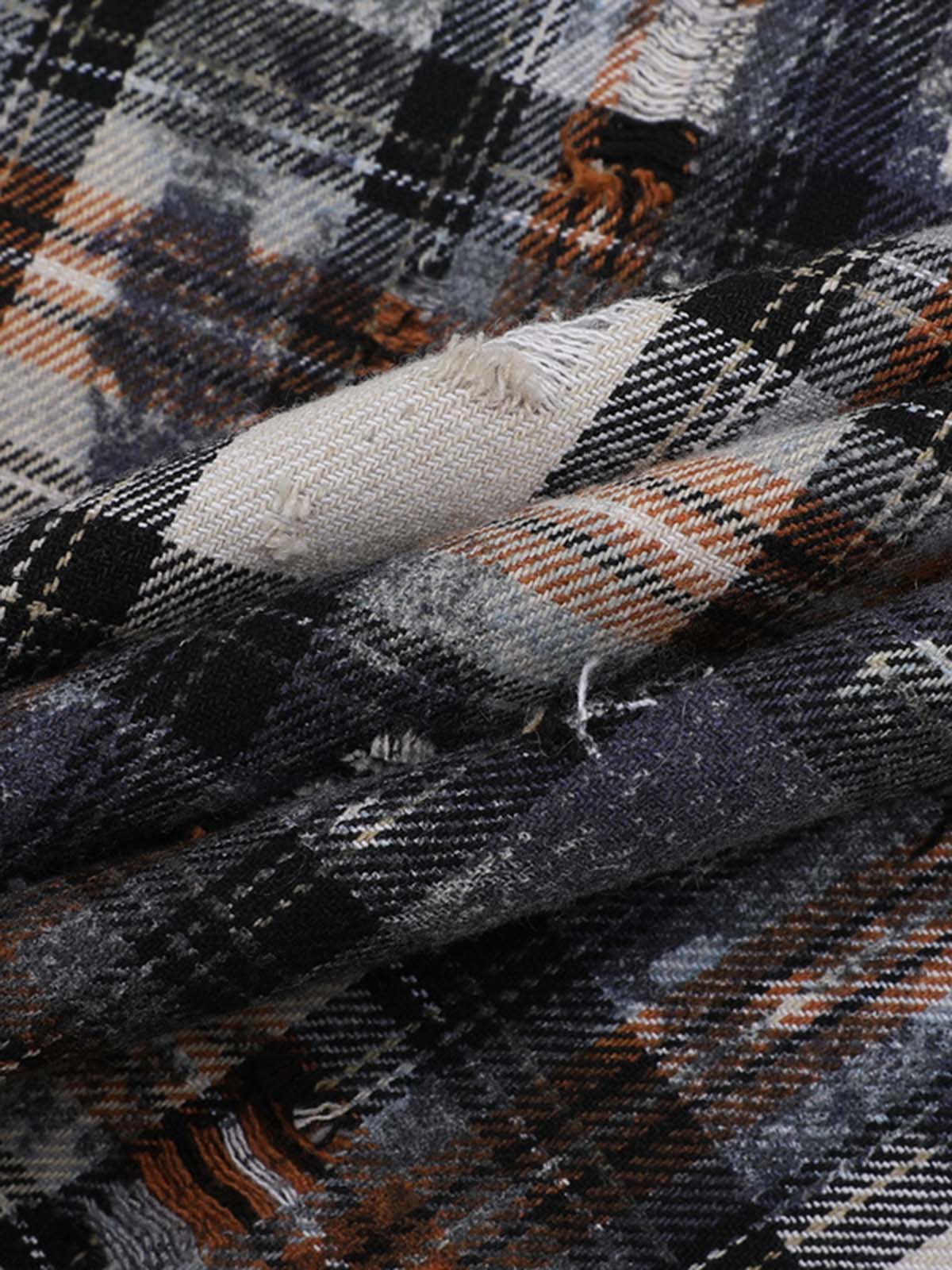 Distressed Mottled Plaid Gothic Seal Graphic Long Sleeve Shirt 