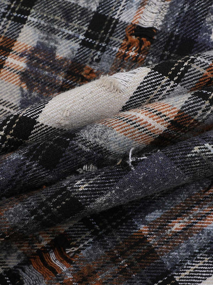Distressed Mottled Plaid Gothic Seal Graphic Long Sleeve Shirt 