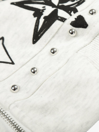 Retro Fur Collar Cartoon Pattern Zipper Hooded Sweatshirt 