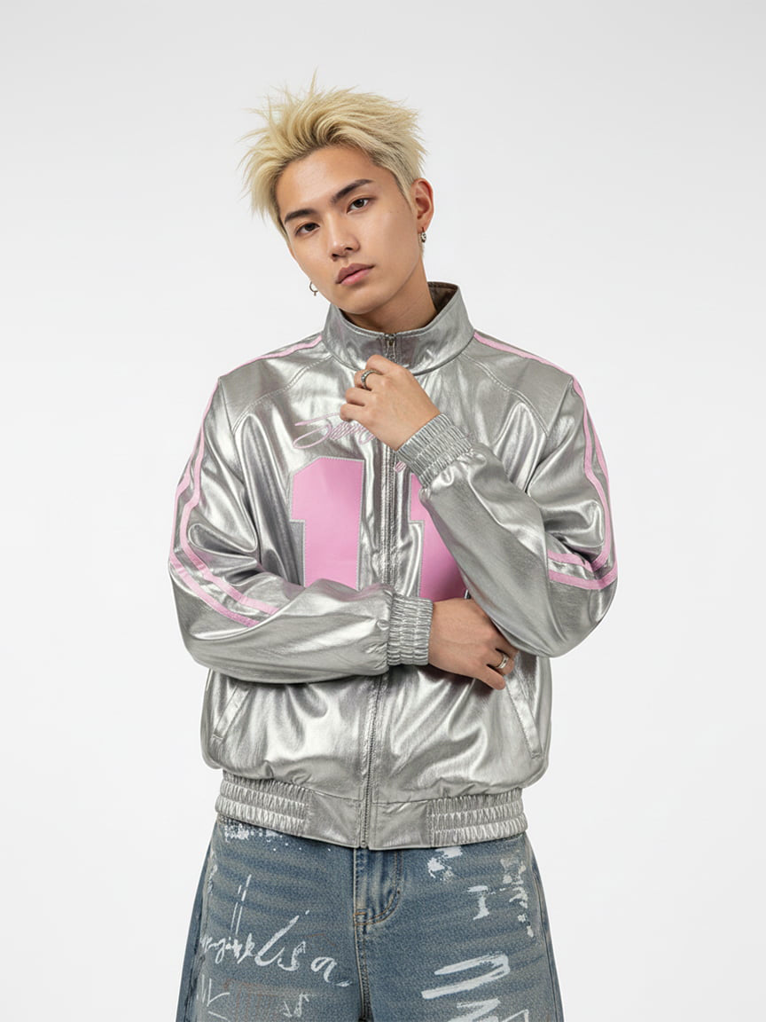 Number 11 Reflective Metallic Leather Track Jacket 