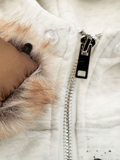 Retro Fur Collar Cartoon Pattern Zipper Hooded Sweatshirt 