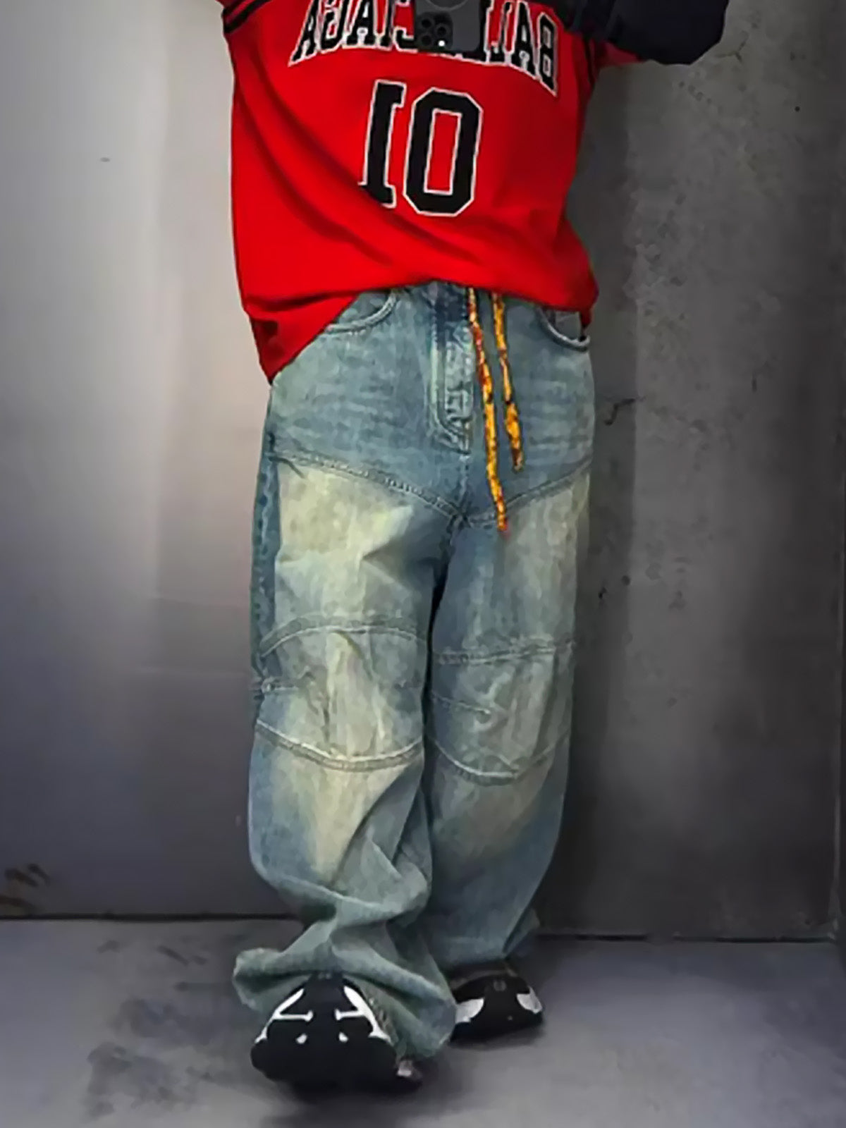 Distressed Contrast Drawstring Knee-Length Jeans 