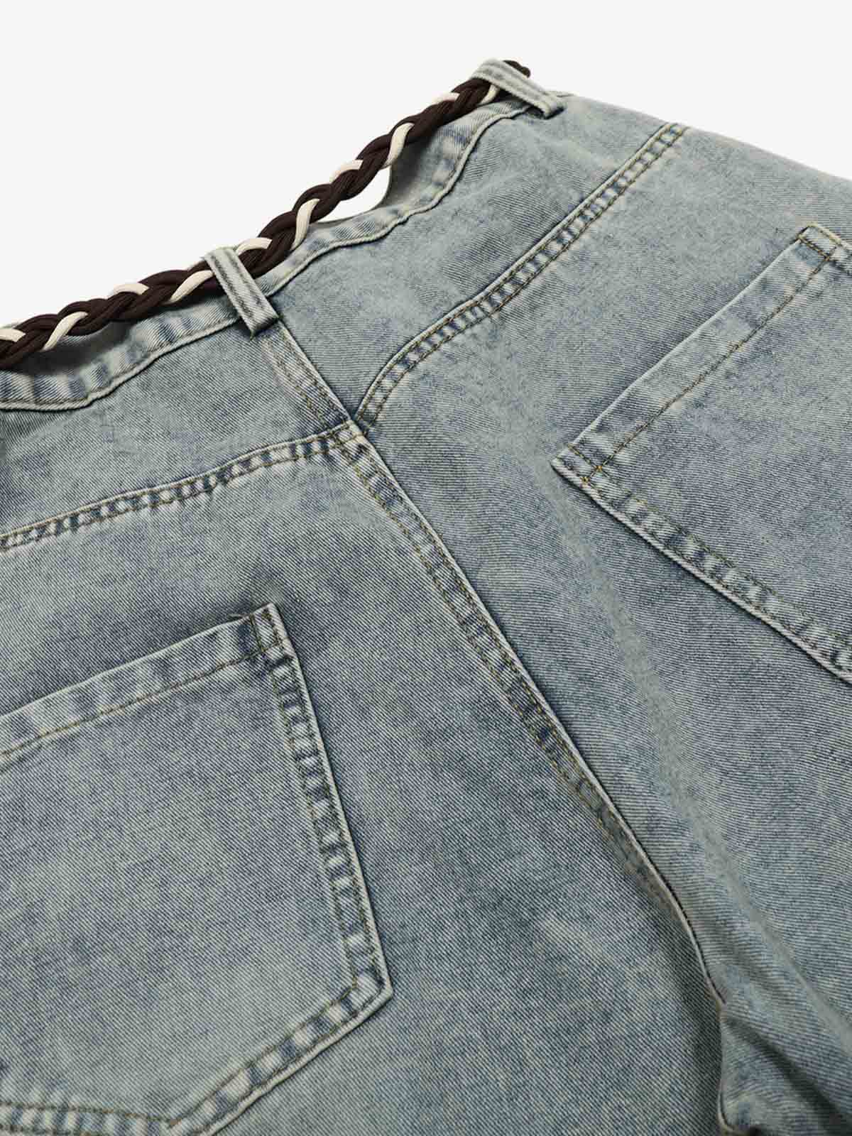 Denim Retro Belt Detail With Patchwork Barrel Jeans - 2490 