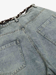 Denim Retro Belt Detail With Patchwork Barrel Jeans - 2490 