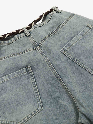Denim Retro Belt Detail With Patchwork Barrel Jeans - 2490 