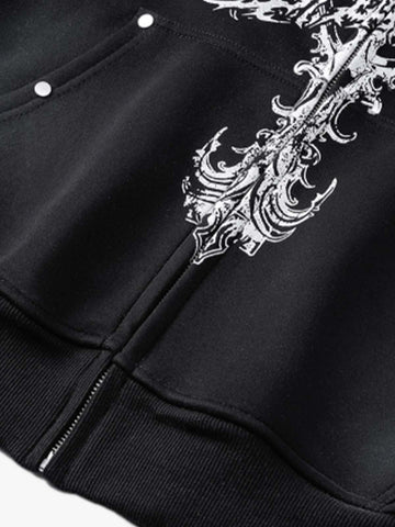 Street Wasteland Washed Cross Print Zip Up Hoodie - 2561 