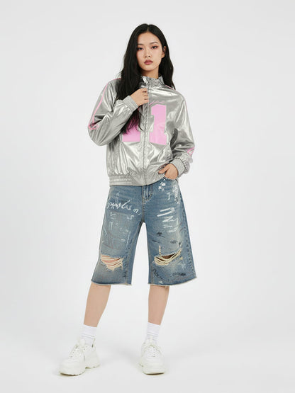 Number 11 Reflective Metallic Leather Track Jacket 