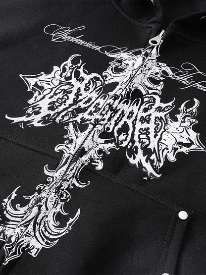 Street Wasteland Washed Cross Print Hooded Sweatshirt 