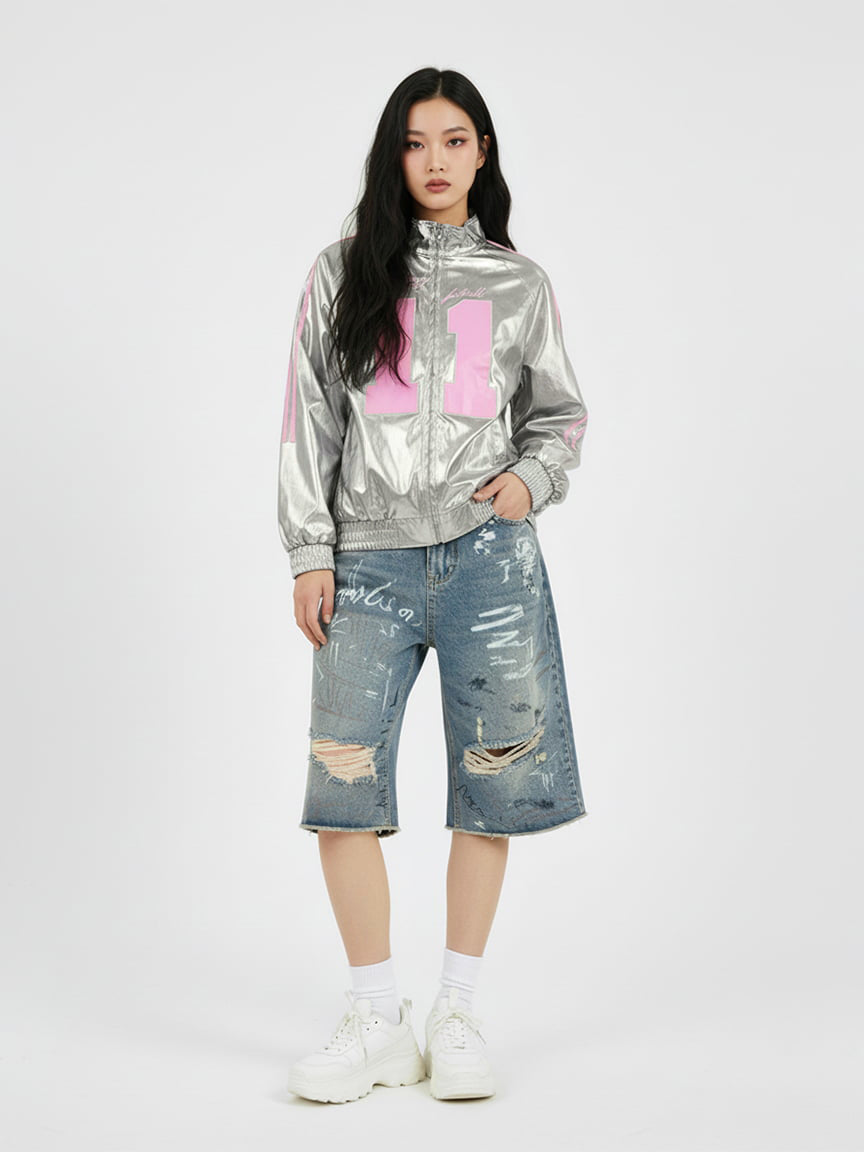 Number 11 Reflective Metallic Leather Track Jacket 