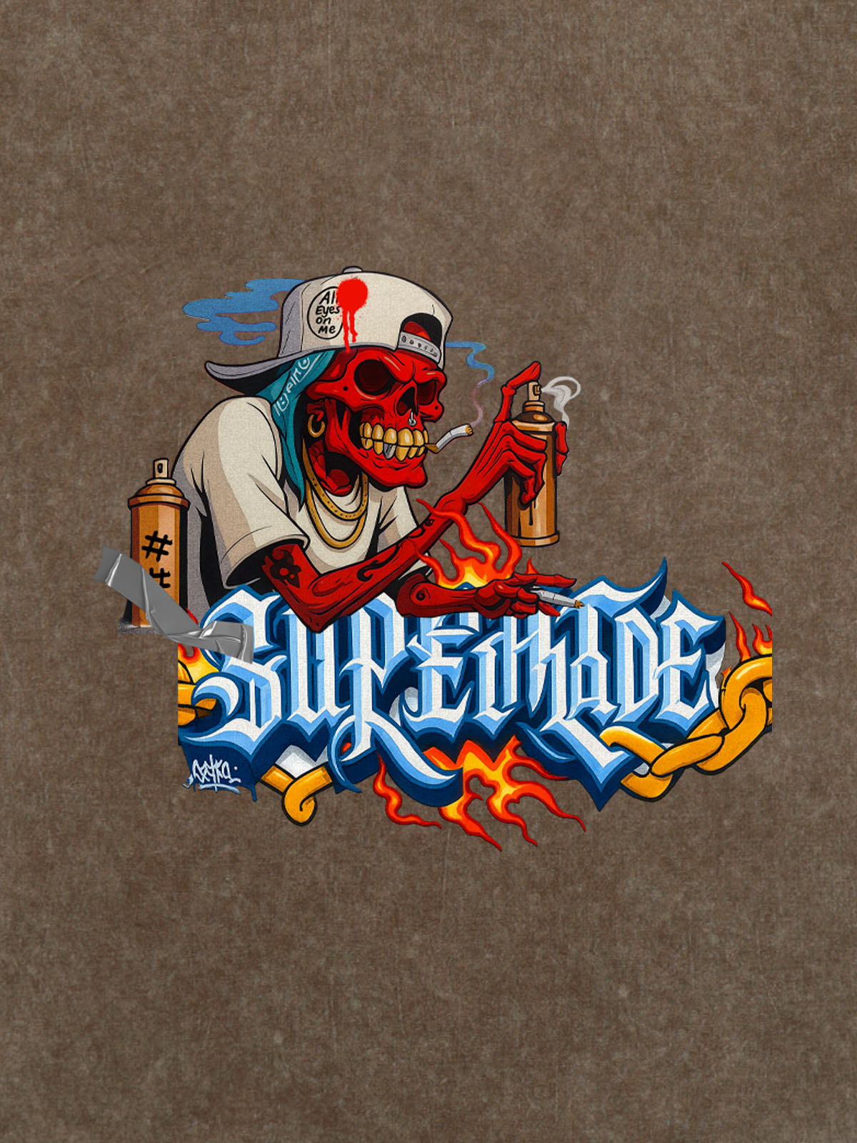 Thesupermade Skull Graffiti Artist Flame Flower Font T-shirt 