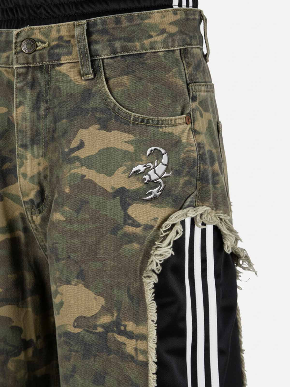 Scorpion Embroidered Camo Patchwork Double-Waist Straight-Leg Pants