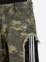 Scorpion Embroidered Camo Patchwork Double-Waist Straight-Leg Pants
