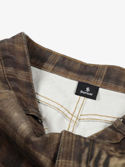 Plaid Leopard Print Cargo Barrel Jeans