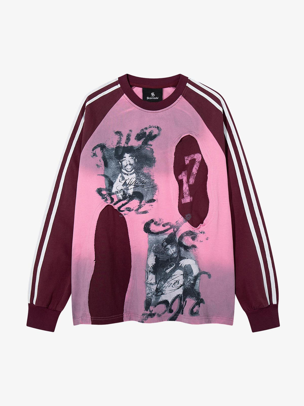 Portrait Graphic Contrast-Stripe Long Sleeve Tee