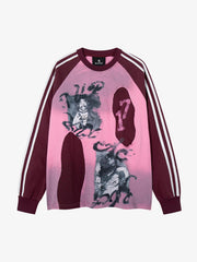 Portrait Graphic Contrast-Stripe Long Sleeve Tee