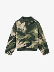 Distressed Camo Graphic Jacquard Knit Polo Sweater