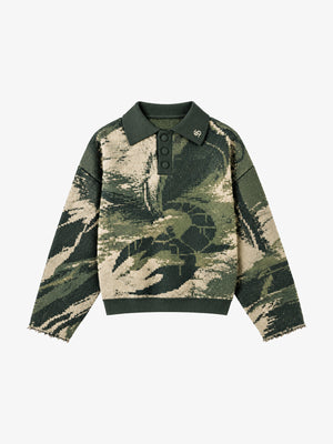 Distressed Camo Graphic Jacquard Knit Polo Sweater