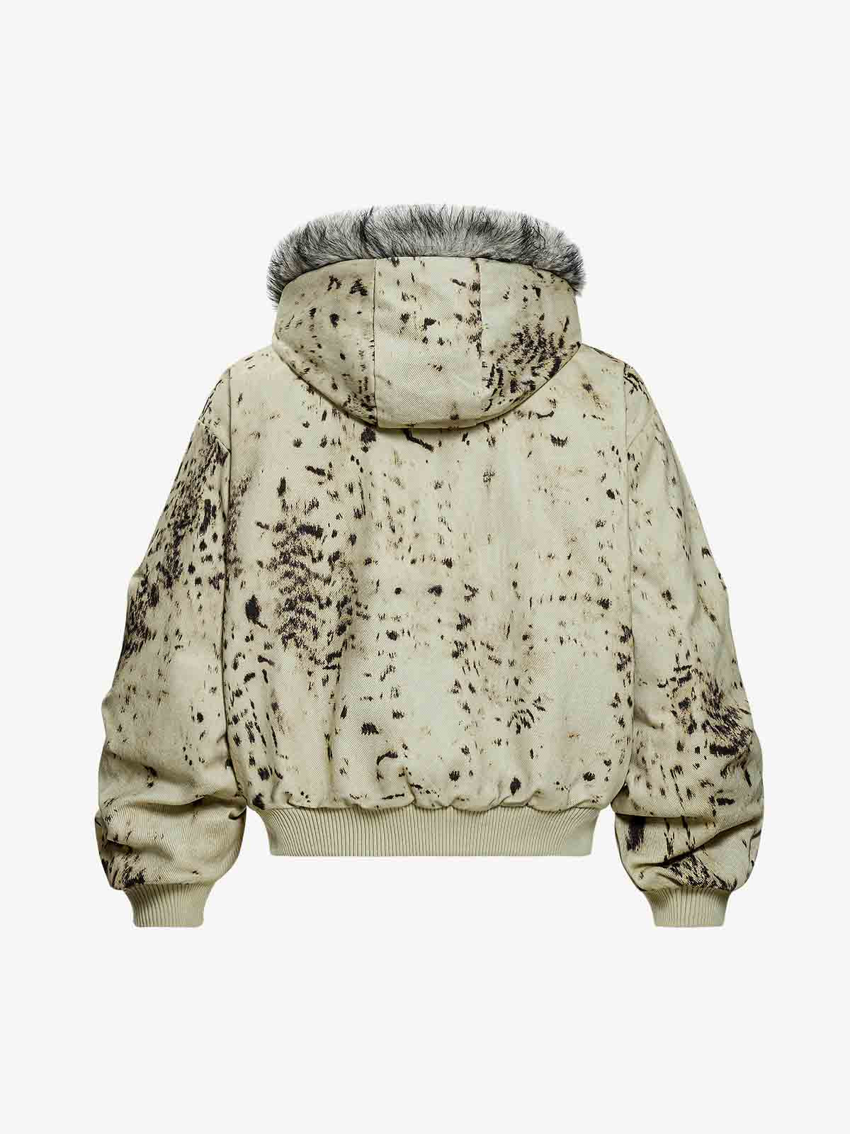 Splatter Print Faux Fur Collar Ruched Sleeve Zip-Up Jacket