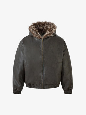 Vintage Faux Fur Hood Lined PU Zip Up Bomber Jacket 
