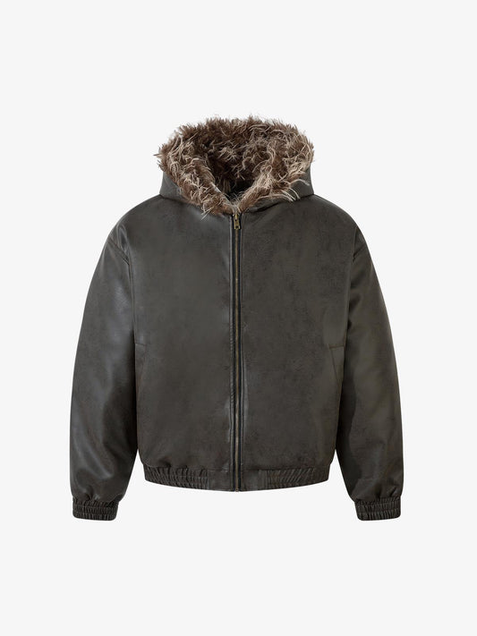 Vintage Faux Fur Hood Lined PU Zip Up Bomber Jacket 