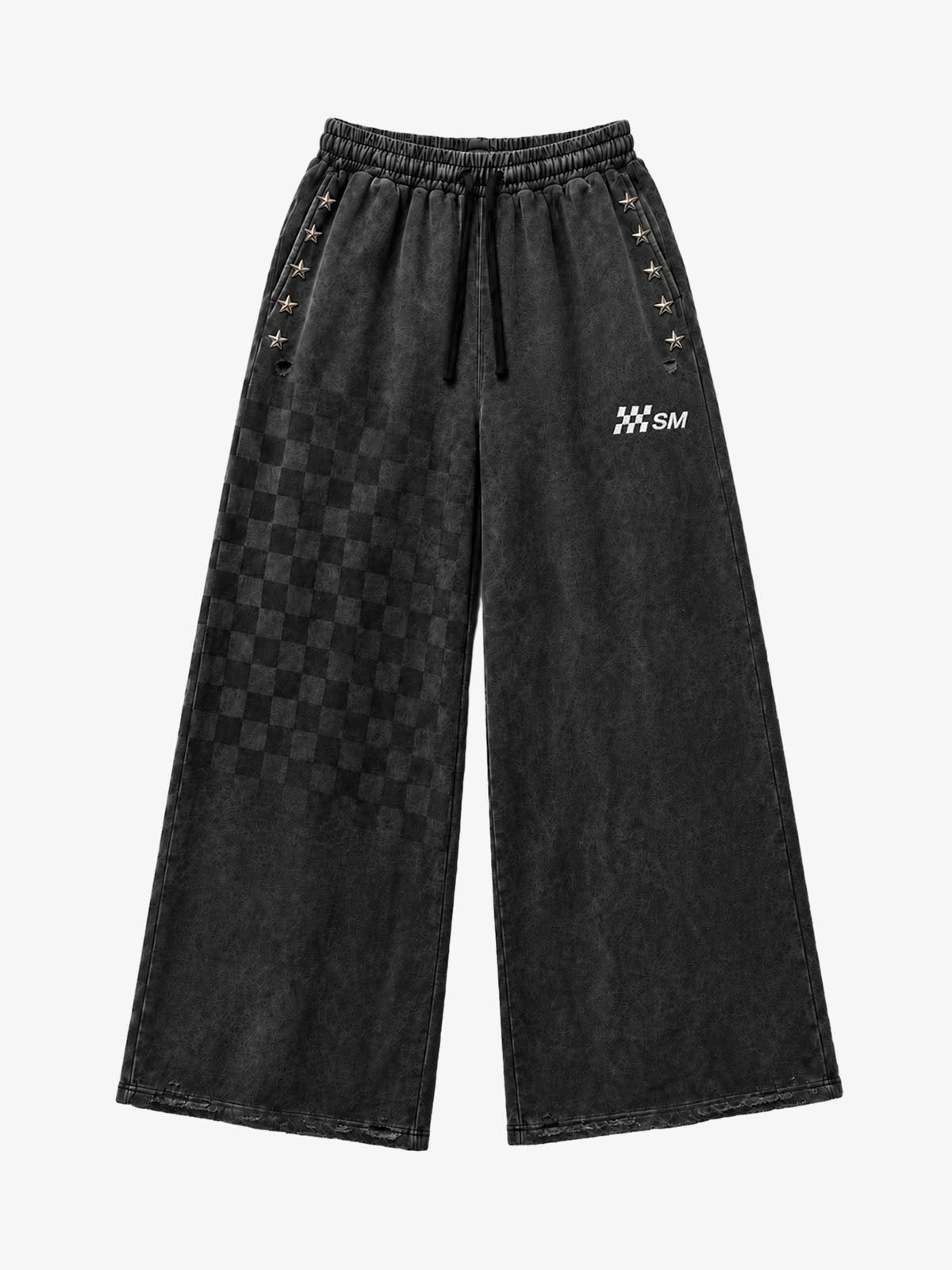 Star Studded Checkerboard Washed Wide-Leg Sweatpants