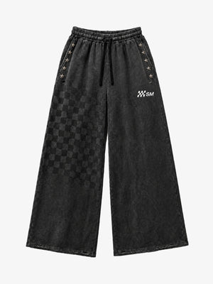 Star Studded Checkerboard Washed Wide-Leg Sweatpants