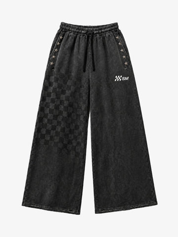 Star Studded Checkerboard Washed Wide-Leg Sweatpants