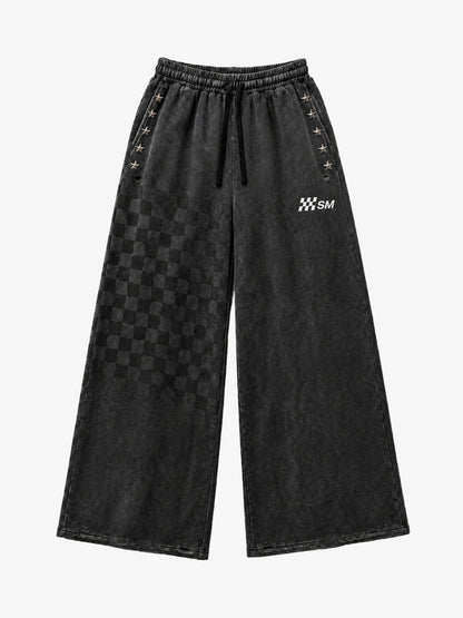 Star Studded Checkerboard Washed Wide-Leg Sweatpants