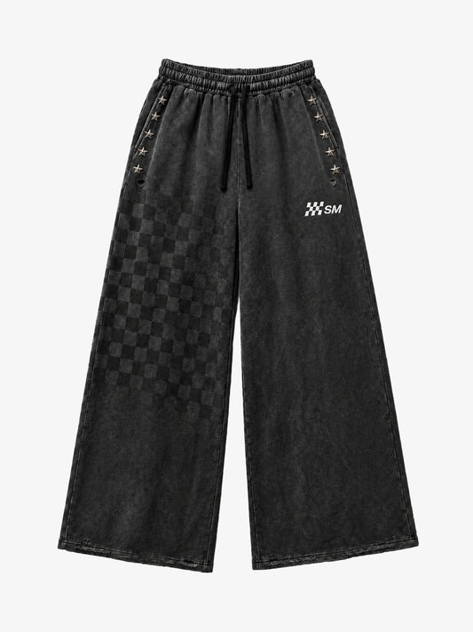 Star Studded Checkerboard Washed Wide-Leg Sweatpants