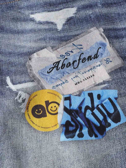 Denim Patchwork Wide Leg Jeans with Graphic Appliques and Distressed Details 