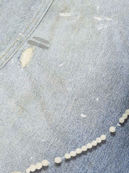 Denim Wide Leg Baggy Jeans with Tie and Pearl Chain Detail for Women Fashion Streetwear 