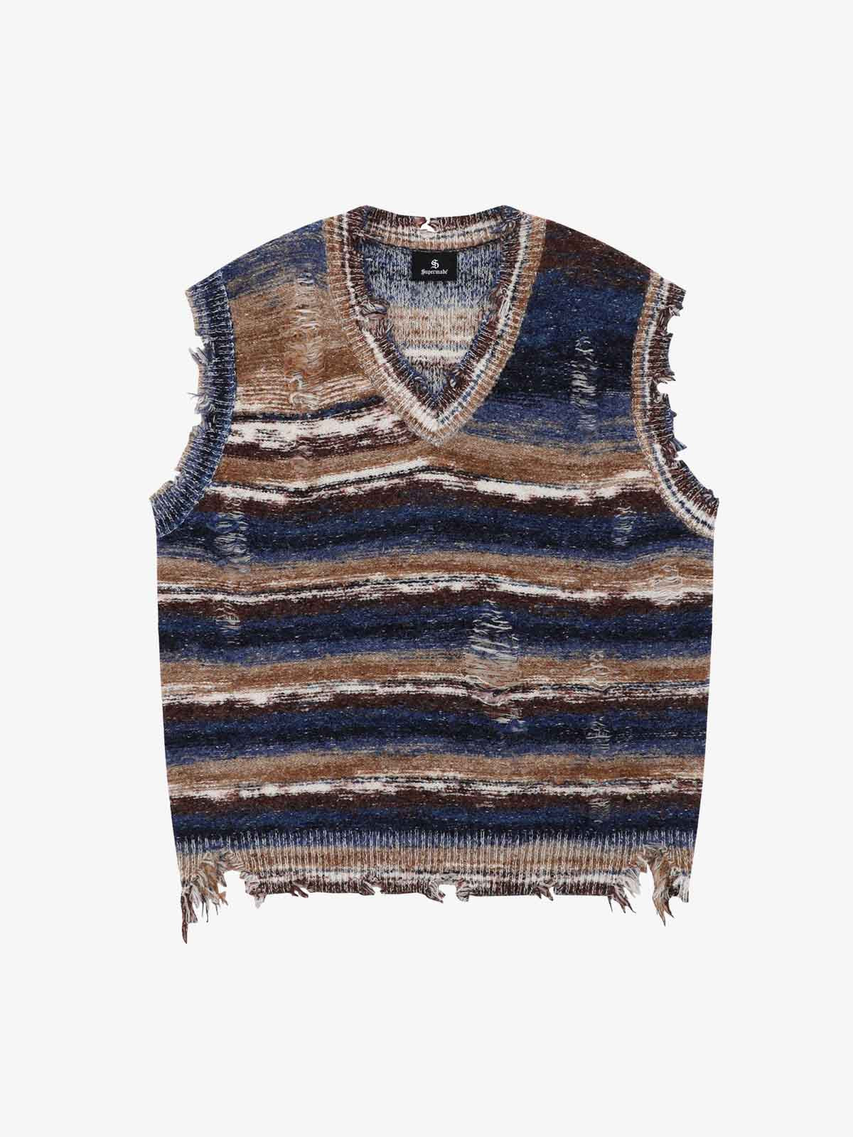 Frayed Edge Striped V Neck Knit Vest