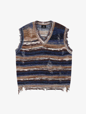 Frayed Edge Striped V Neck Knit Vest