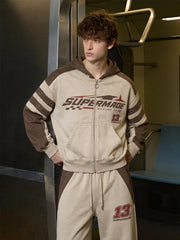 Contrast Panel Graphic Zip-Up Hoodie & Wide-Leg Sweatpants Set