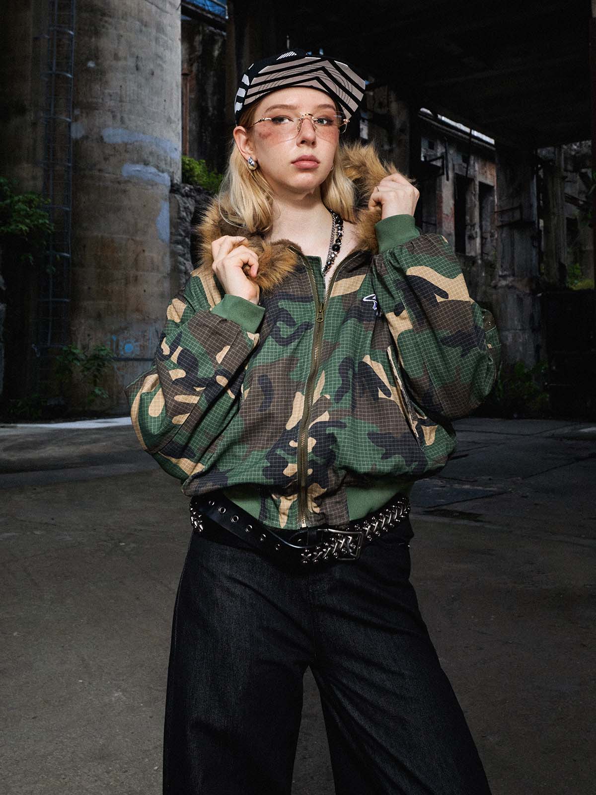 Camouflage Fur Collar Reversible Cotton Jacket - 2499